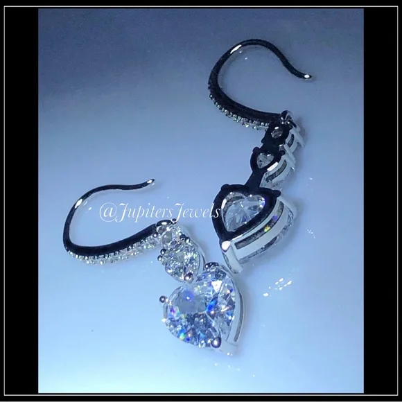 NEW WHITE GOLD DOUBLE HEART SIMULATED DIAMOND DROP EARRINGS - Picture 5 of 7